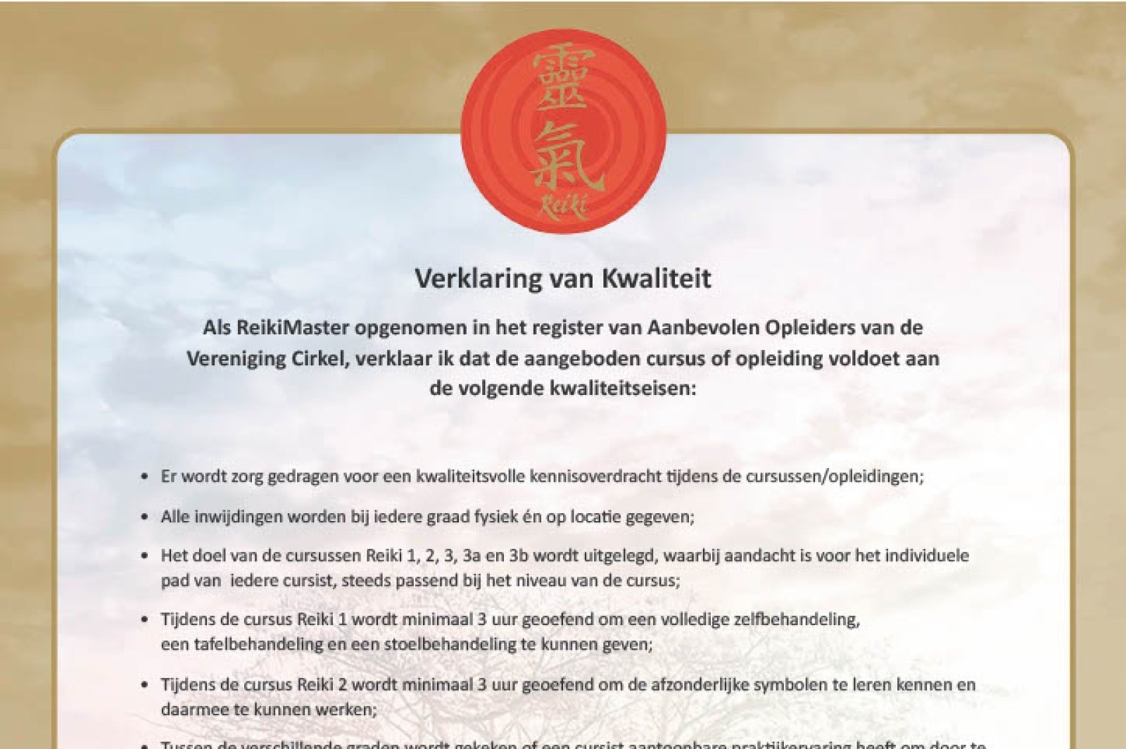 Reiki | Johan | Leeuwarden | reikipraktijk-kinyoubi.nl | Verklaring van Kwaliteit 